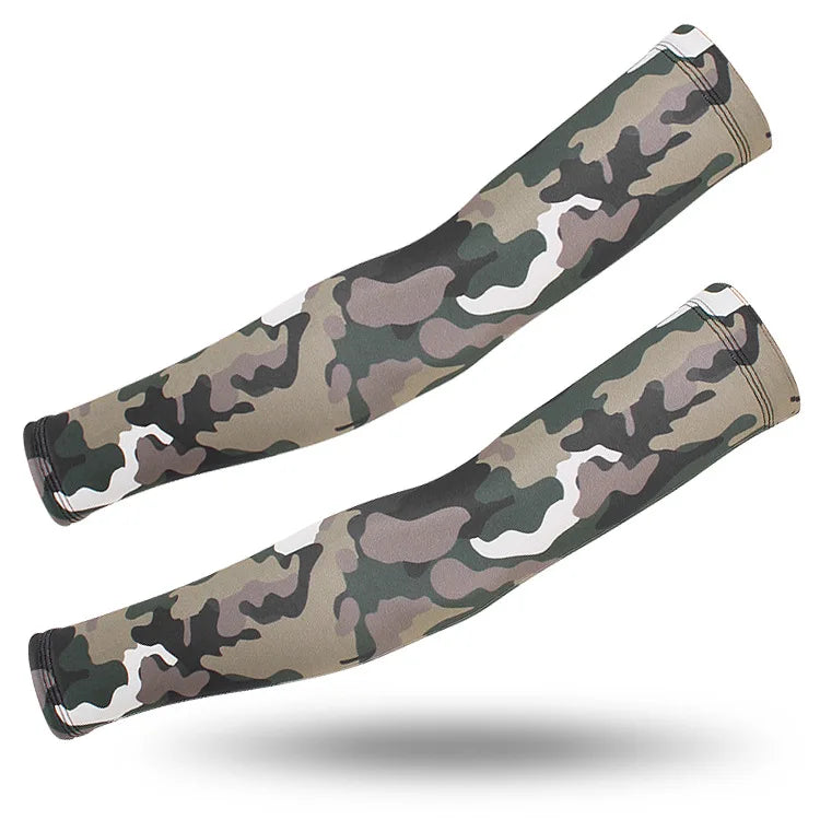 A pair of tactical camouflage arm sleeves designed for UV protection.