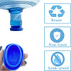 Blue reusable silicone water bottle lid with recycle, non-toxic, and leak-proof icons.