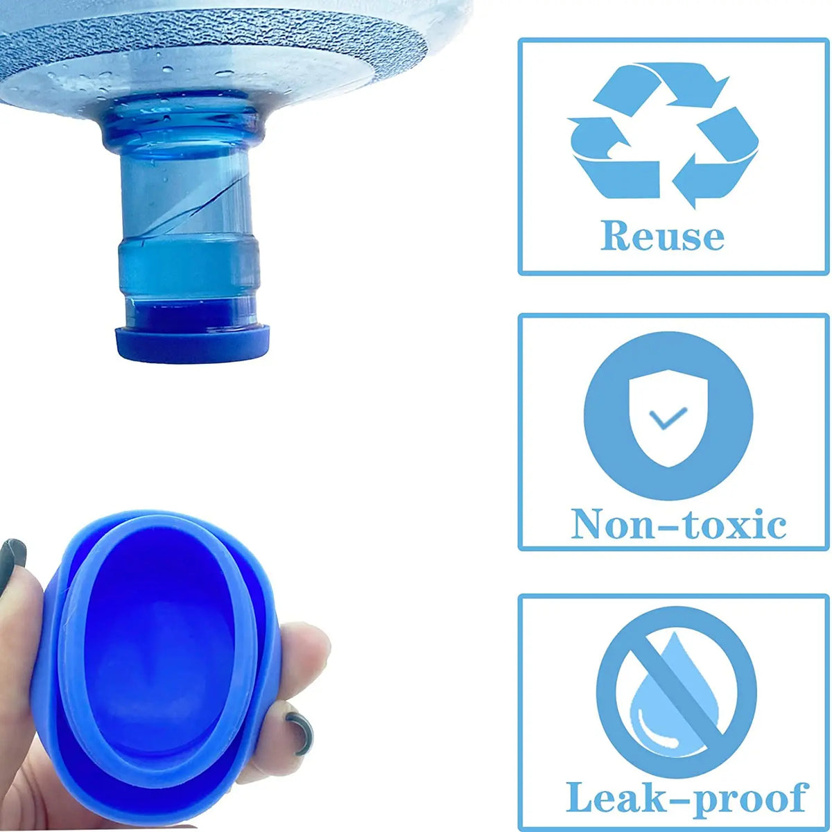 Blue reusable silicone water bottle lid with recycle, non-toxic, and leak-proof icons.