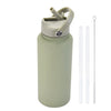 A light green stainless steel vacuum flask water bottle with a hinged lid and a separate straw.