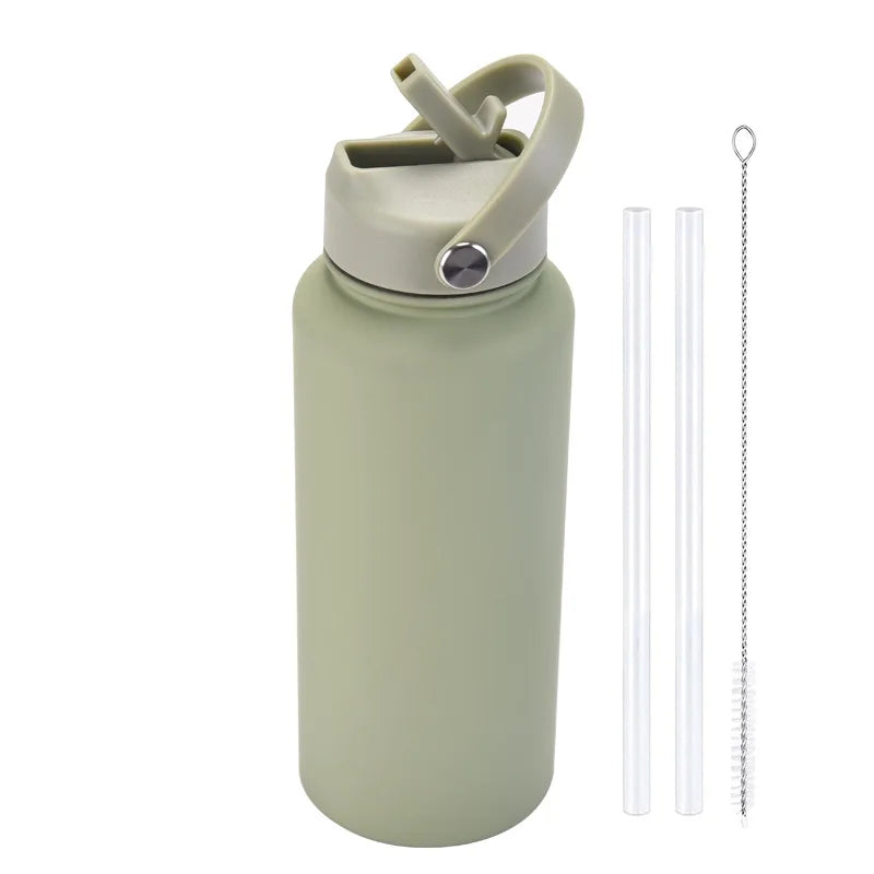 A light green stainless steel vacuum flask water bottle with a hinged lid and a separate straw.