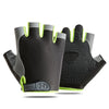 A pair of black and gray breathable anti-slip gym workout gloves shown from above.