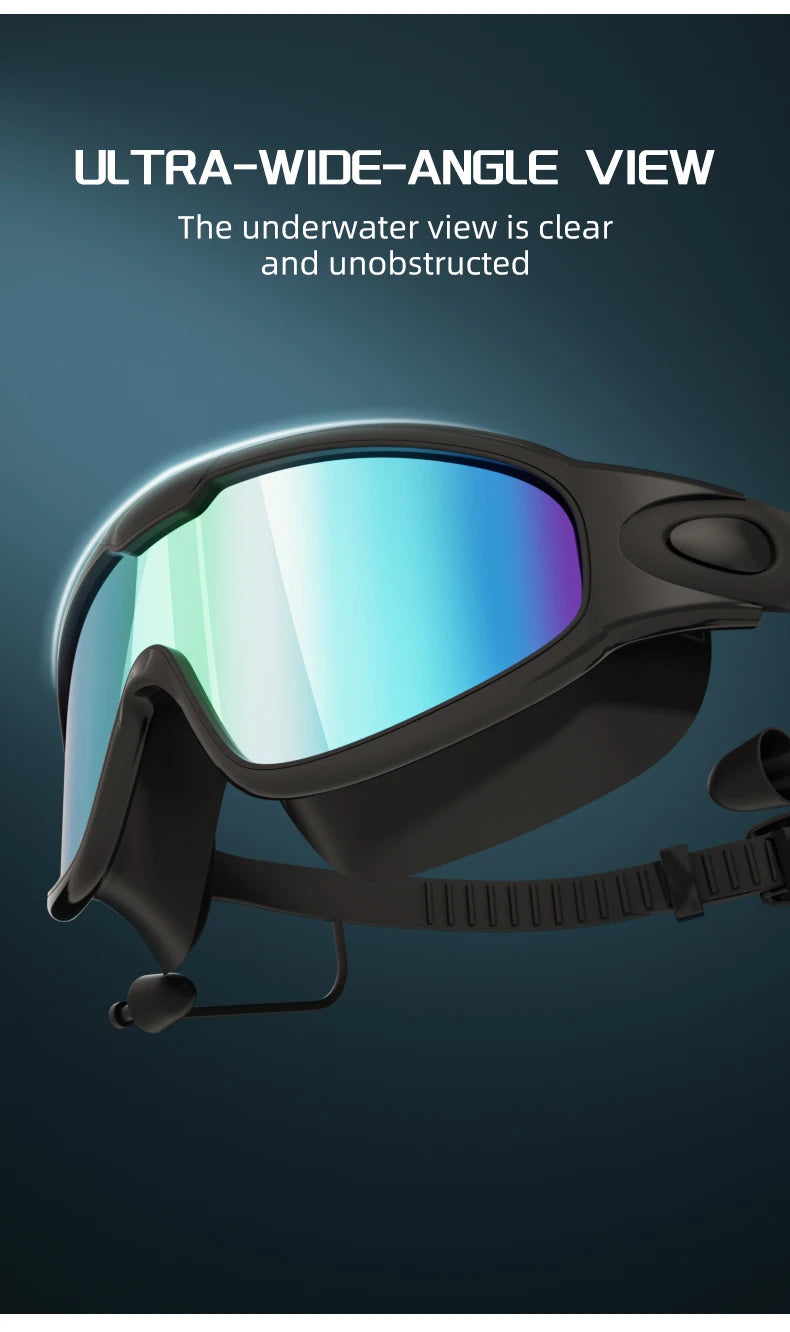 A pair of black swimming goggles with a clear, wide-angle lens are shown against a dark background.