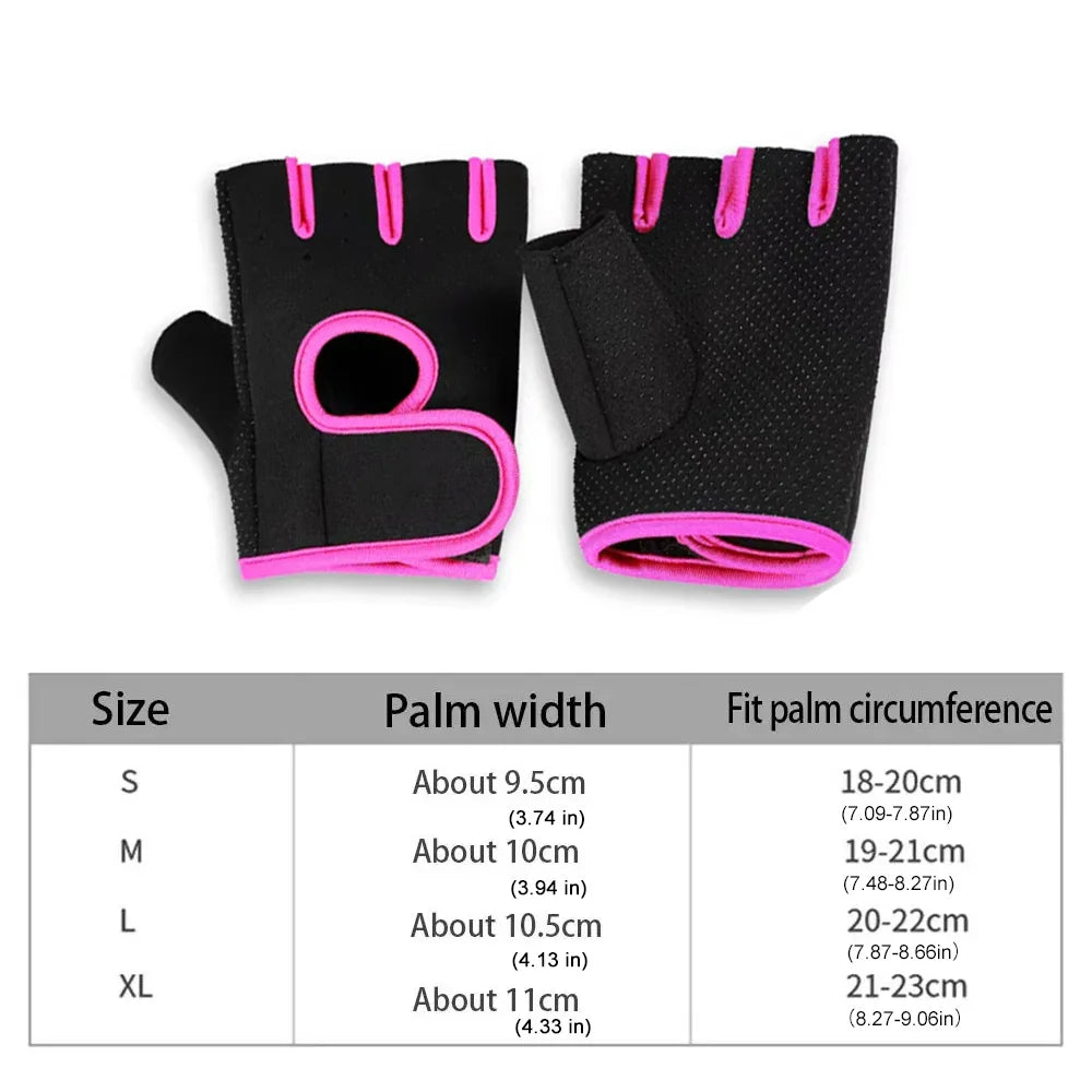 A pair of black fitness gloves with pink accents shown next to a size chart.