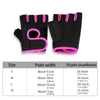 Une paire de gants de sport noirs avec des accents roses, montrés à côté d'un tableau des tailles.