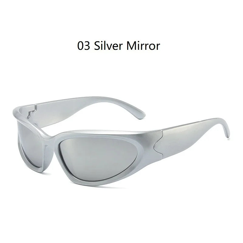 Silver mirror sunglasses with a translucent gray frame and tinted lenses.