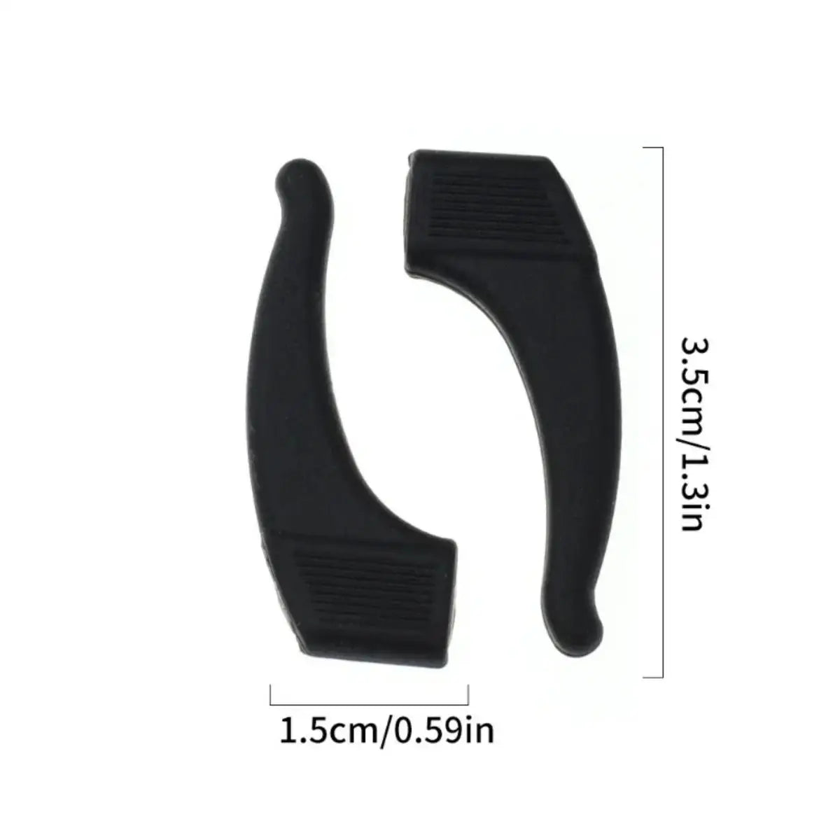 Grips en silicone anti-dérapants noirs pour lunettes, avec dimensions.