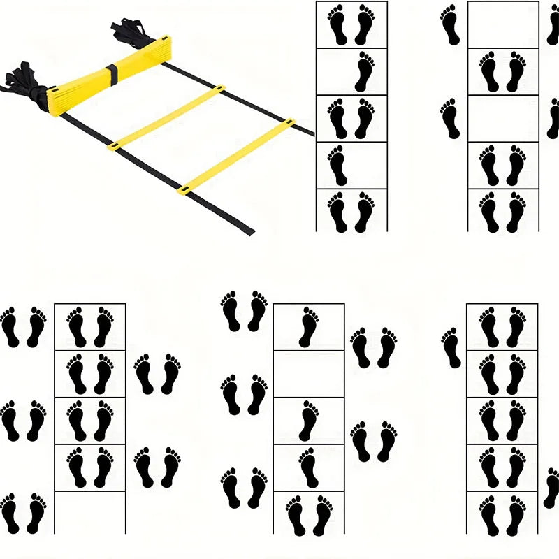 A yellow agility ladder with black handles and various foot placements for sports training.