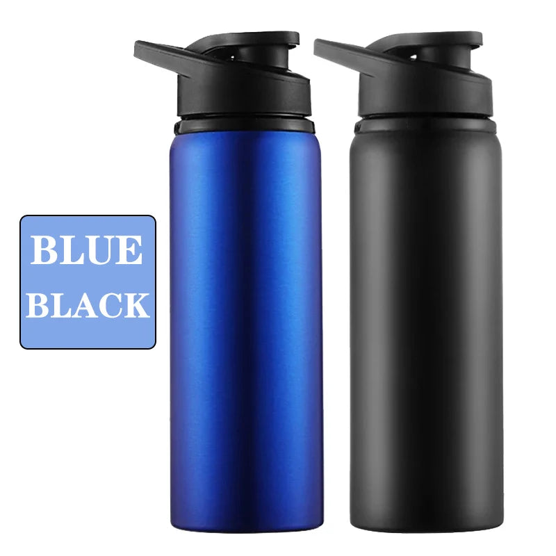 Two leakproof aluminum portable water bottles in blue and black colors.
