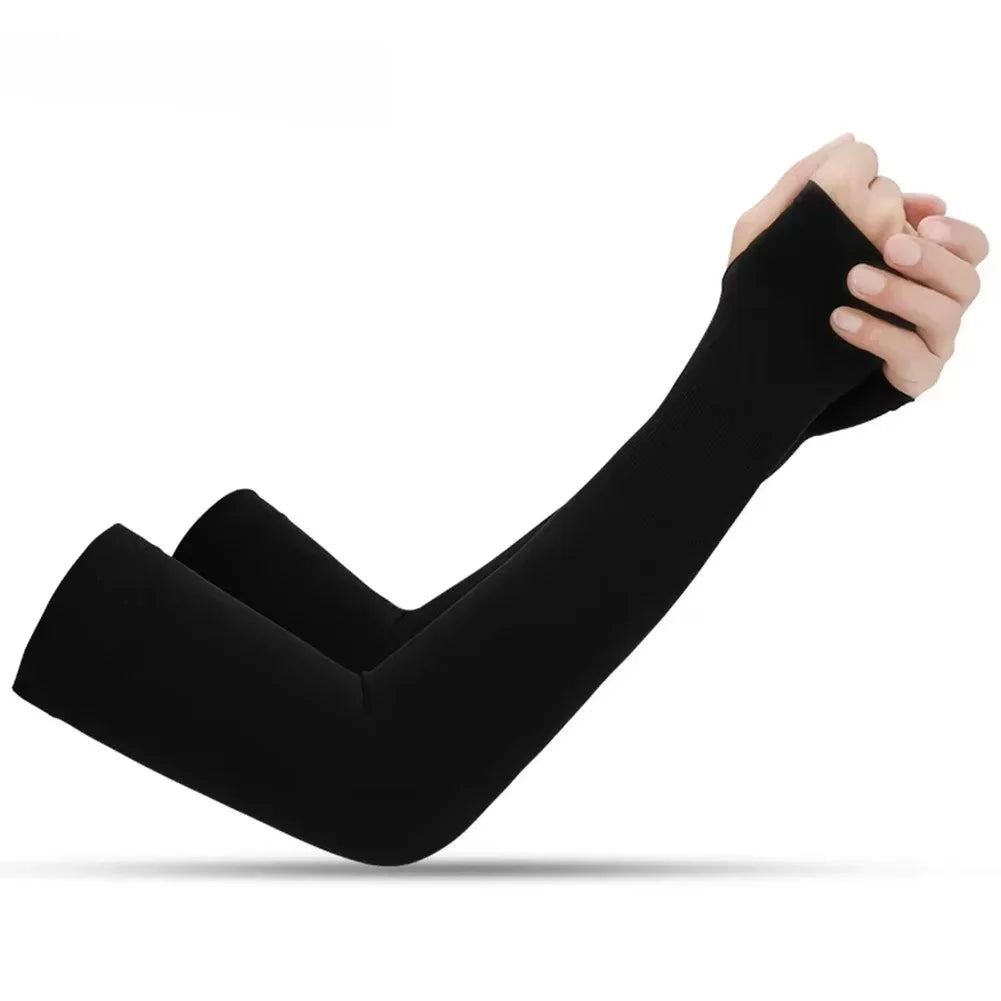 Black UV protection arm sleeves being worn by a hand, showing the compression fabric.