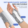 A hand is wearing a gray soft plastic and hard plastic support brace on the wrist for joint pain relief.