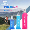 Three Wrels folding kettle water bottles in pink, blue, and cyan against a mountainous outdoor background.
