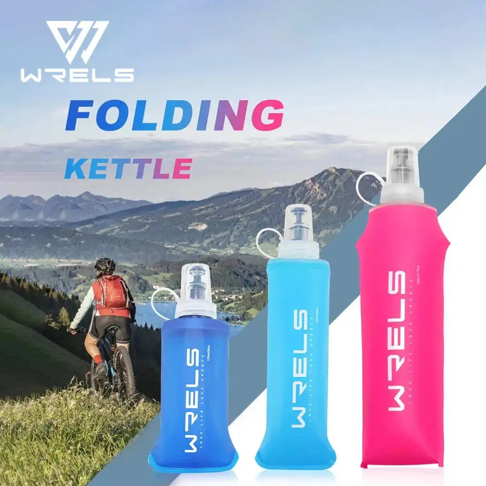 Three Wrels folding kettle water bottles in pink, blue, and cyan against a mountainous outdoor background.