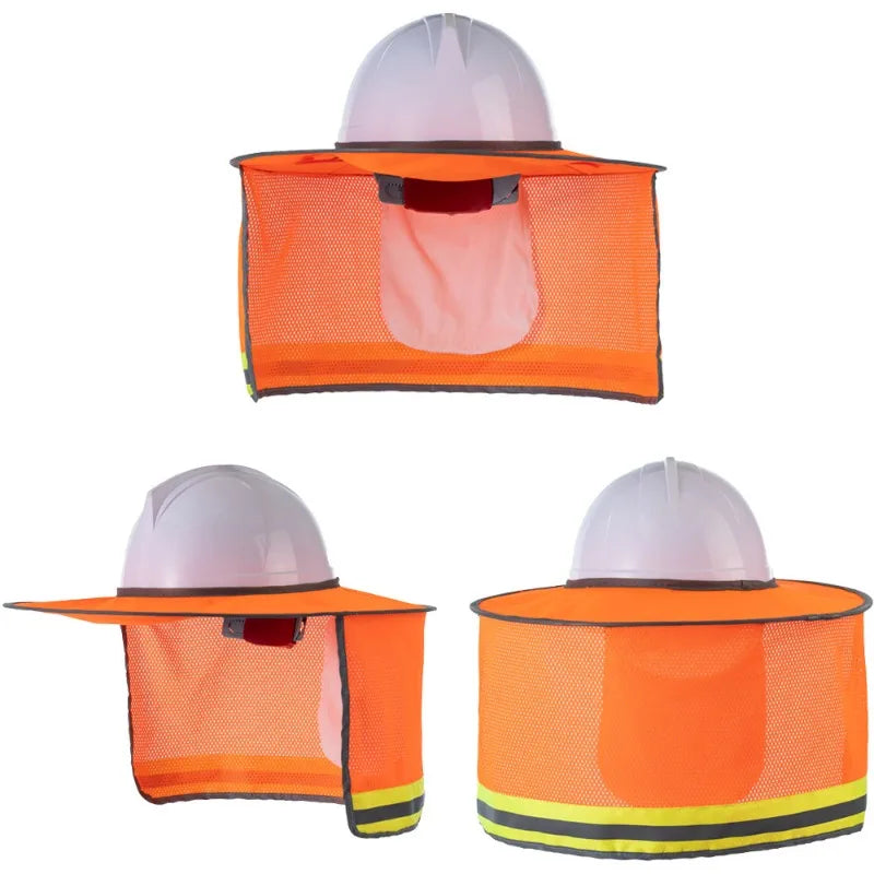 An orange high visibility reflective safety neck shield hat shown from the front.