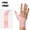 Pink silicone brace for thumb and wrist joint pain relief shown on a hand.