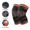 Black and orange adjustable sports knee pads with firm edge, breathable material, and joint protection features.