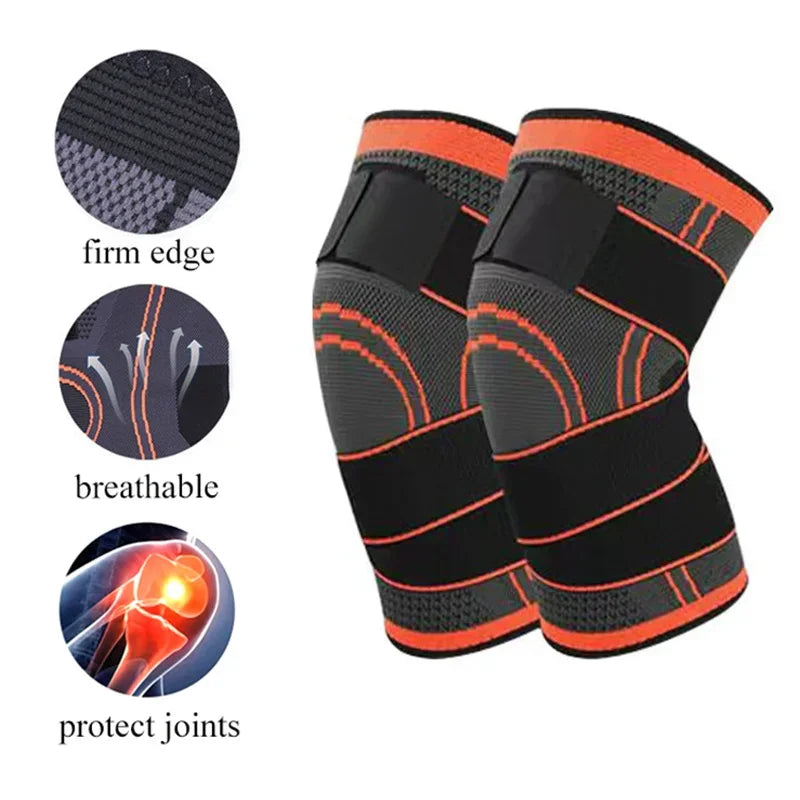 Black and orange adjustable sports knee pads with firm edge, breathable material, and joint protection features.
