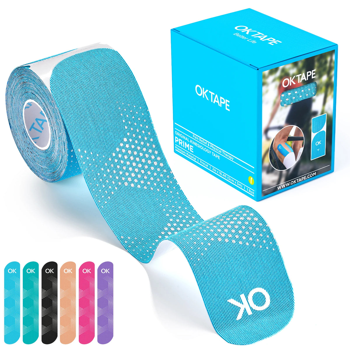 A roll of OKtape kinesiology therapy tape and its retail box with various color options.