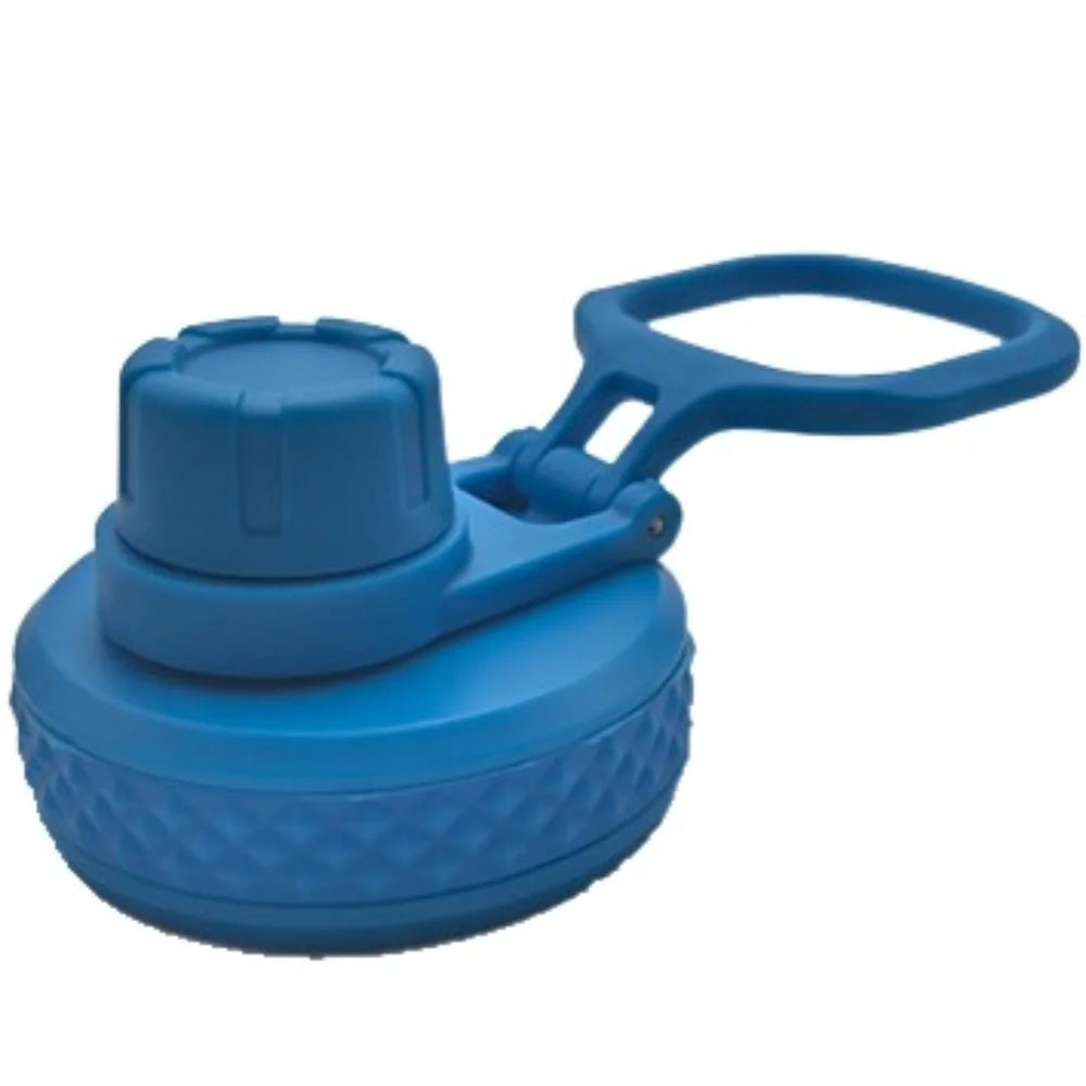 A blue leakproof silicone lid with a handle, designed for various capacity bottles.