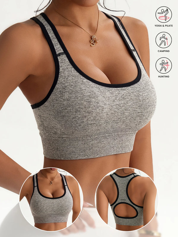 Graues, nahtloses Racerback-Sport-BH-Set zur Yoga-, Camping- und Jagdaktivität