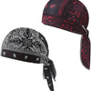 A set of two paisley cooling headscarf caps in black and red patterns.