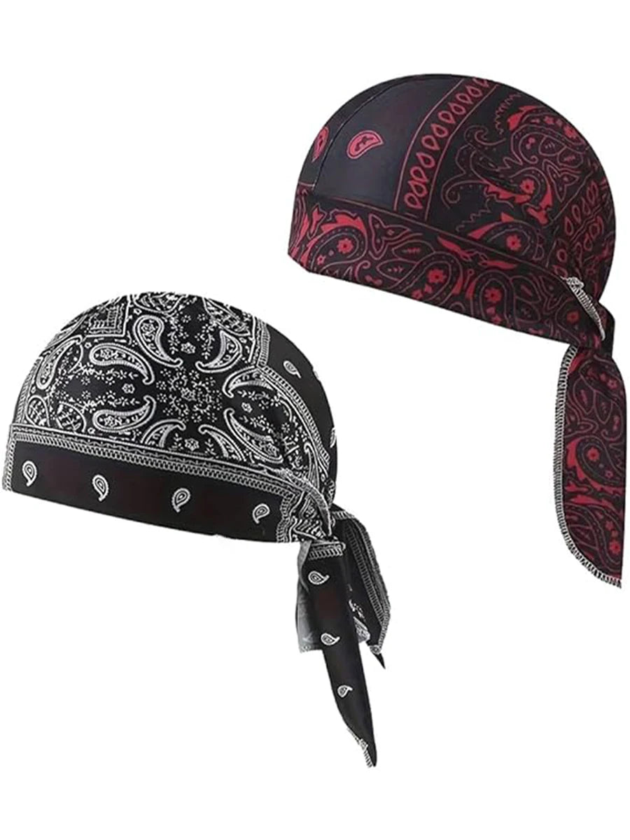 A set of two paisley cooling headscarf caps in black and red patterns.