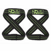 Pair of black gym wrist wraps with green trim and personal record branding