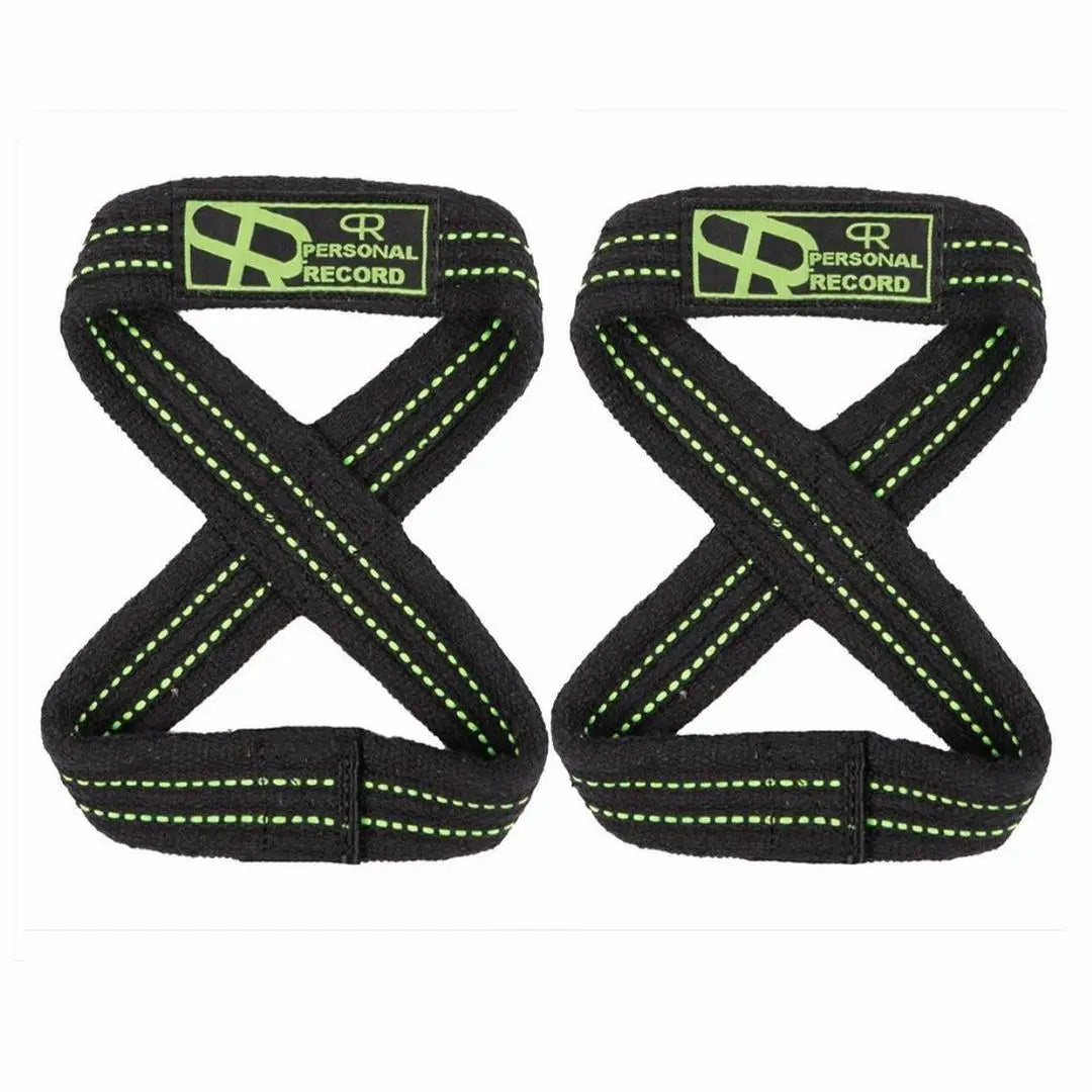 Pair of black gym wrist wraps with green trim and personal record branding