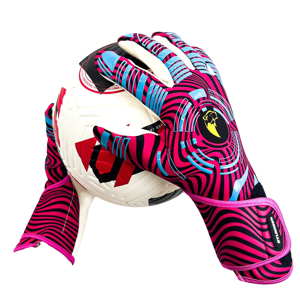 A pair of pink and blue high-performance goalkeeper gloves resting on a white soccer ball.