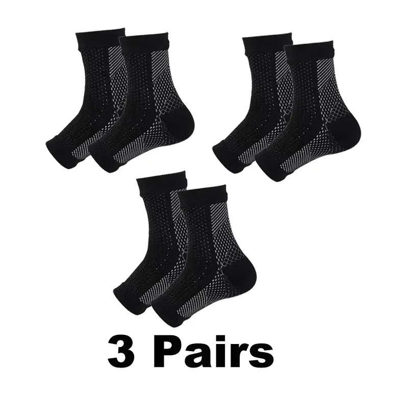 Three pairs of black compression ankle support braces displayed on a white background.