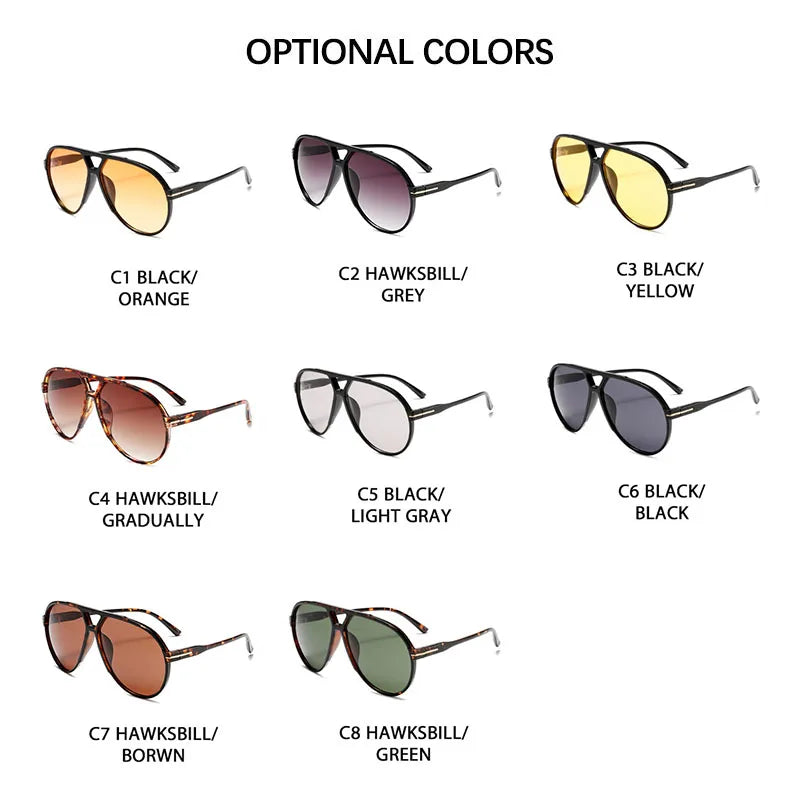Auswahl optionaler Farben für Pilot-Stil UV400-Gradienten-Sonnenbrillen, darunter Schwarz, Orange, Grau, Gelb und Grün