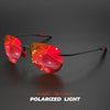 A pair of red polarized light aviator sunglasses resting on a dark surface.