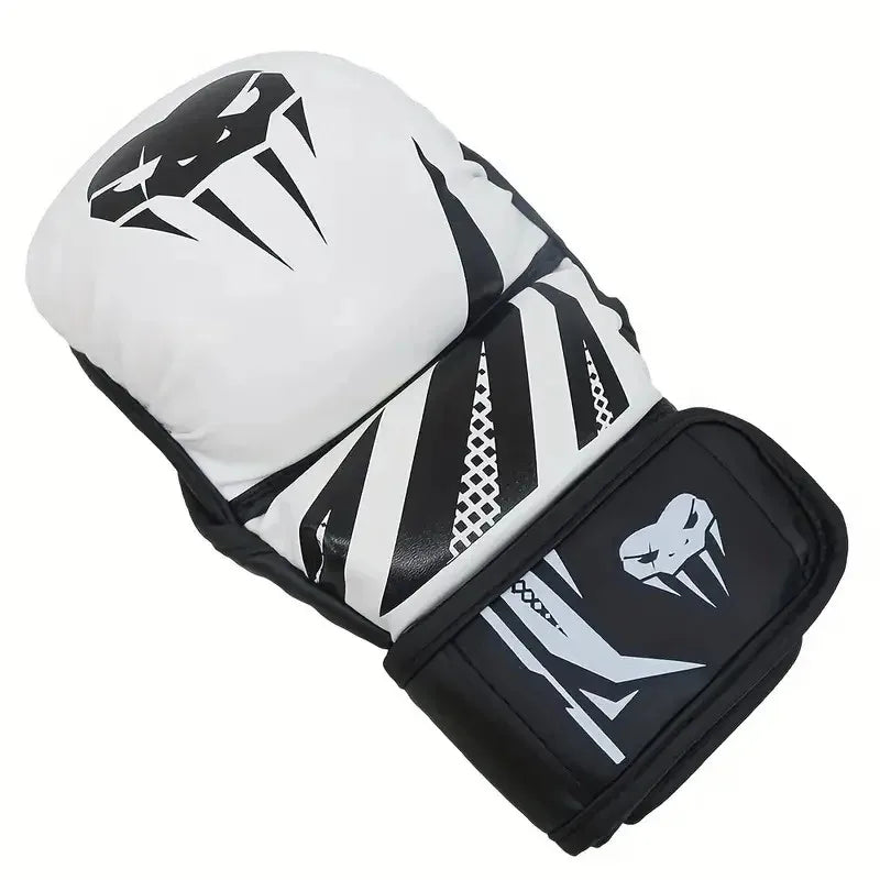 A pair of white and black thickened PU boxing gloves for MMA and Muay Thai training.