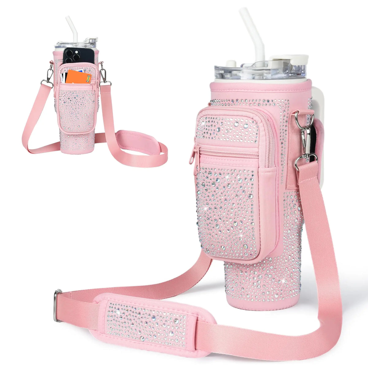 Pink diamond accent water bottle carrying pouch with a pink strap and carabiner clip
