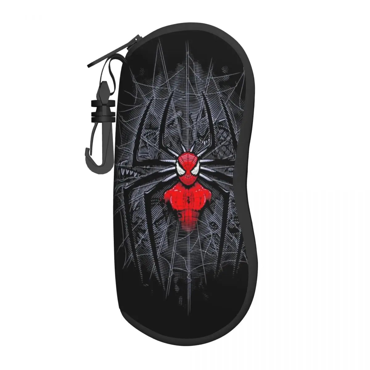 A black pouch featuring a red Spider-Man mask design on a gray spider web background.
