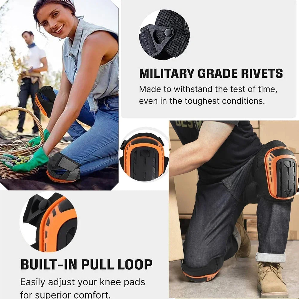 Military grade rivets and built-in pull loop knee pads shown on a person's leg.