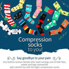 A collection of colorful compression socks for women, featuring various patterns and colors.