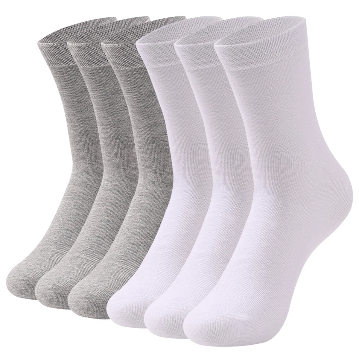 Une pile de chaussettes de coton blanches et grises présentées en rang vertical.