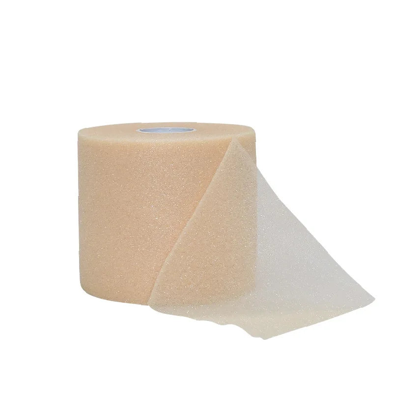 Roll of beige protective foam athletic tape wrap shown partially unwrapped