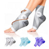 A variety of ergonomic plantar fasciitis relief socks in gray, light blue, and purple are displayed on a foot.
