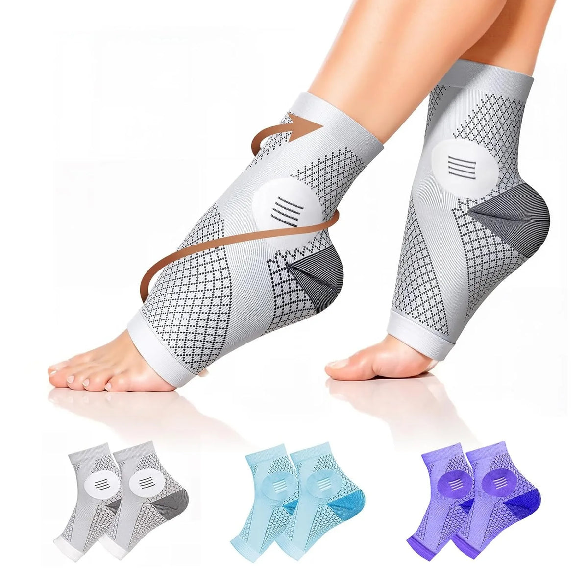 A variety of ergonomic plantar fasciitis relief socks in gray, light blue, and purple are displayed on a foot.