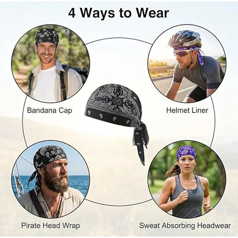 Four ways to wear a paisley cooling headscarf cap set including bandana, helmet liner, pirate head wrap, and sweat absorbing 