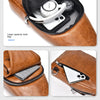 A brown leather crossbody bag showing various compartments including a main bag, an intermediate compartment, and a rear zipp
