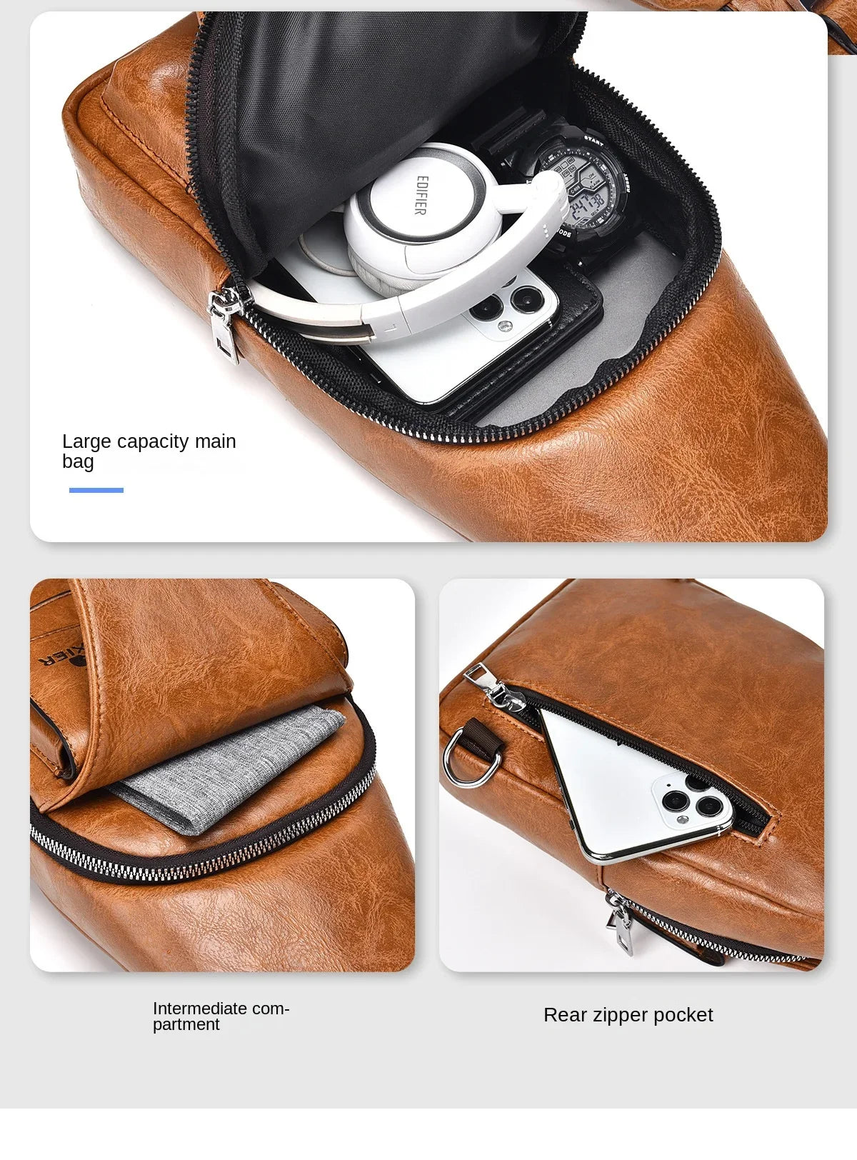 A brown leather crossbody bag showing various compartments including a main bag, an intermediate compartment, and a rear zipp