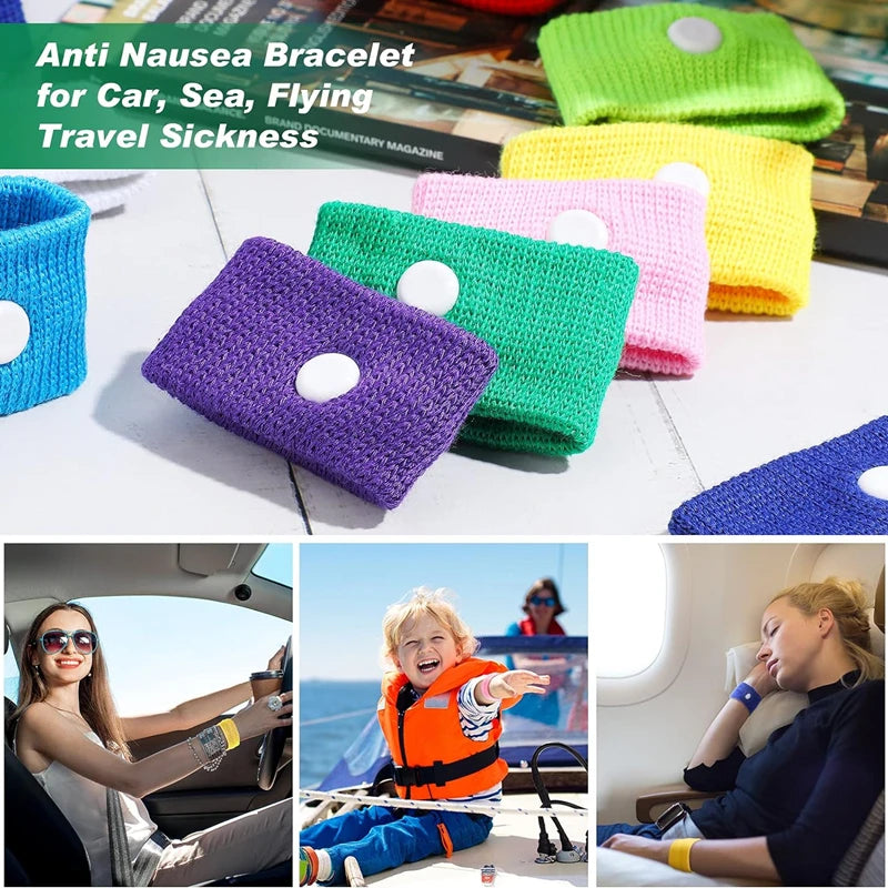 Varias pulseras anti-náuseas de colores para mareo en coche, mar y vuelo.