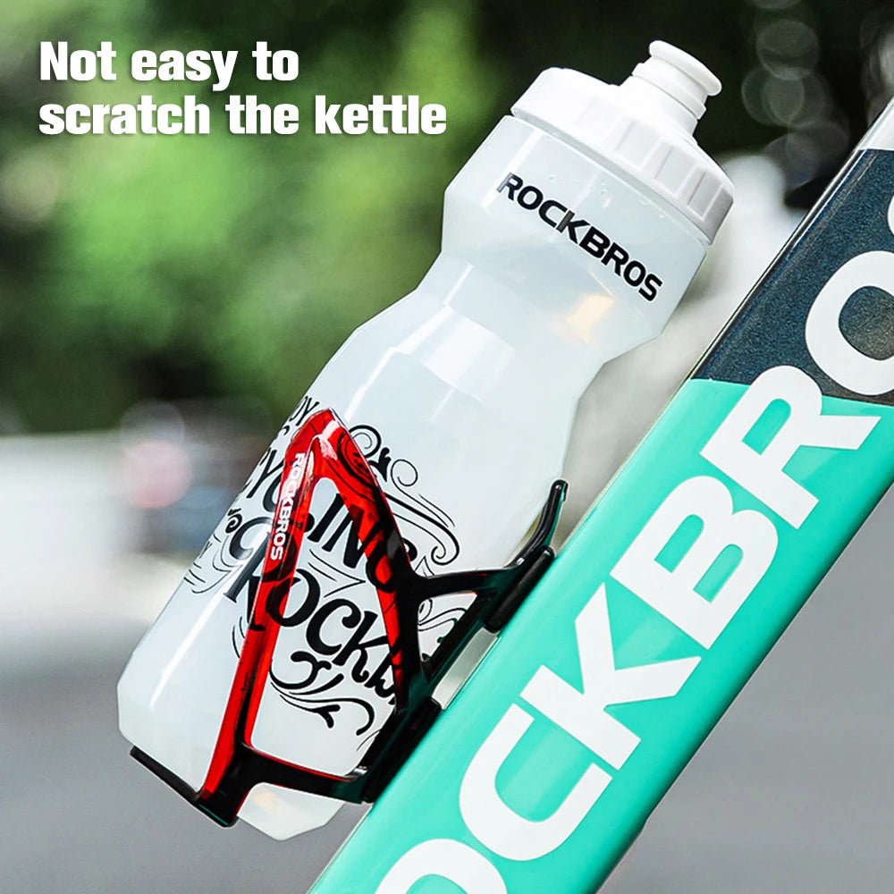 A white Rockbros sports water bottle is shown with a red protective sleeve, emphasizing its durability.