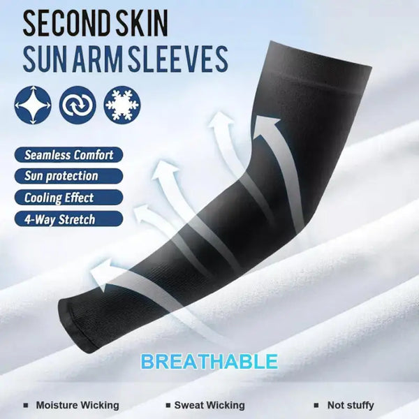 Black seamless sun arm sleeves shown on a white background with features like cooling and stretch.