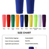 A set of blue and black footless soccer socks shown with a size chart.