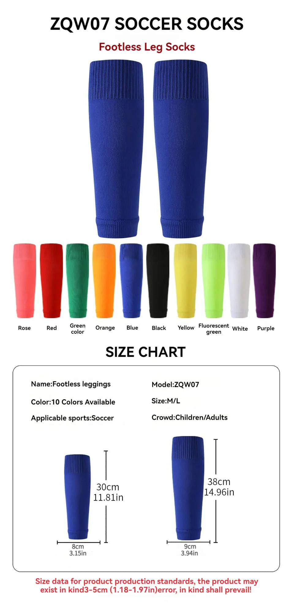 A set of blue and black footless soccer socks shown with a size chart.