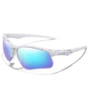 White sports sunglasses with purple lenses and speckled frames shown against a white background.